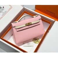 Good Looking Hermes Kelly Pochette Swift Bag 22cm in Cow Leather H0414 Pink/White 2026 (Half Handmade)