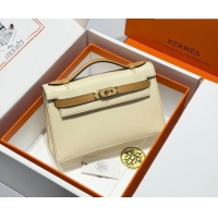 Spot Bulk Hermes Kelly Pochette Swift Bag 22cm in Cow Leather H0414 White/Beige 2026 (Half Handmade)