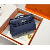 Famous Brand Hermes Kelly Pochette Swift Bag 22cm in Cow Leather H0414 Sapphire Blue 2026 (Half Handmade)
