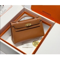 Most Popular Hermes Kelly Pochette Swift Bag 22cm in Cow Leather 0414 Brown/Gold 2026 (Half Handmade)