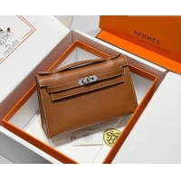 Luxury Cheap Hermes Kelly Pochette Swift Bag 22cm in Cow Leather 0414 Brown/Silver 2026 (Half Handmade)