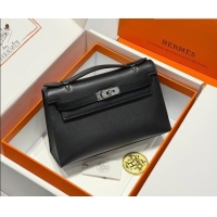 Grade Quality Hermes Kelly Pochette Swift Bag 22cm in Cow Leather 0414 Black/Silver 2026 (Half Handmade)