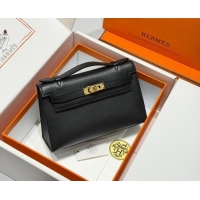 Top Design Hermes Kelly Pochette Swift Bag 22cm in Cow Leather 0414 Black/Gold 2026 (Half Handmade)
