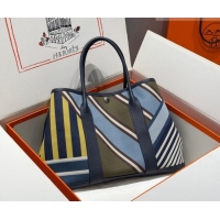 Popular Style Hermes Garden Party Bag 36cm in Printed Canvas and Calfskin 0414 Blue 2026 (Half Handmade)