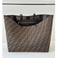 Market Sells Fendi Large Roll Reversible shopper Tote Bag in Tobacco brown FF jacquard and striped Pequin fabric 8661L 2