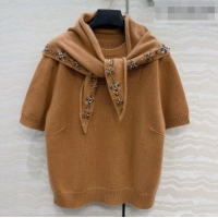 Trendy Design Prada Cashmere Short-sleeved Sweater with Triangle Scarf P090707 Brown 2026