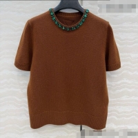 Luxury Cheap Prada Cashmere Short-sleeved Sweater with Crystals P090709 Brown 2026