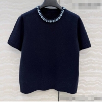 Best Discount Prada Cashmere Short-sleeved Sweater with Crystals P090711 Deep Blue 2026