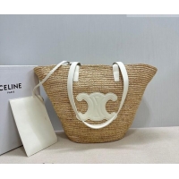 Famous Brand Celine Medium Supple Classic Panier Tote bag in Raffia Straw and Calfskin 114342 Beige/White 2026