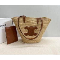 Best Quality Celine Medium Supple Classic Panier Tote bag in Raffia Straw and Calfskin 114342 Beige/Brown 2026