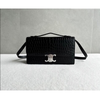 Top Design Celine Triomphe Folio Medium Bag in Crocodile Embossed Leather 102382 Black/Silver 2026