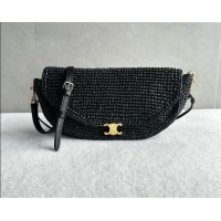 Low Cost Celine Little Halfmoon Soft Triomphe Bag in Raffia L10373 Black 2026