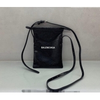 Inexpensive Balenciaga Mens Shopper Phone Holder Pouch in Black Arena lambskin/aged-silver hardware B03001 2026
