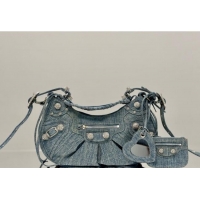 Famous Brand Balenciaga Le Cagole Shoulder Bag Small in blue washed and frayed denim/crystals hardware BL701 2026