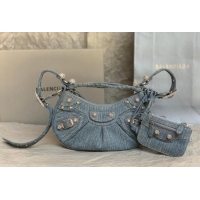 Discount Balenciaga Le Cagole Shoulder Bag XS in blue washed and frayed denim/crystals hardware BL702 2026