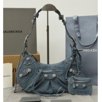 Well Crafted Balenciaga Le Cagole Shoulder Bag Small in blue washed and frayed denim/crystals hardware BL702 2026