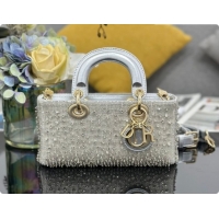 Low Price Dior Small Lady D-Joy Bag in Satin and Strass Silver 2026 M0613 0408