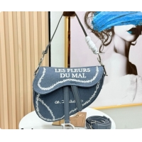 Luxury Dior Medium Saddle Bag with Strap in Blue and White Book Cover Embroidery 2026 D9930