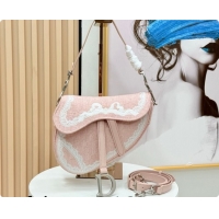 Stylish Dior Dioramour Medium Saddle Bag with Strap in Soupir Pink Dior Oblique Embroidery and White Lace 2026 0408110