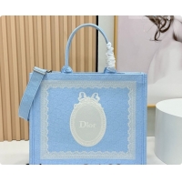 Most Popular Dior Men's Large Book Tote Bag in Céleste Blue Dior Oblique Embroidery with White Lace and Dior Médaillon 0