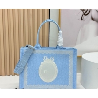 Crafted Dior Men's Medium Book Tote Bag in Céleste Blue Dior Oblique Embroidery with White Lace and Dior Médaillon 04081