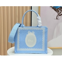 Good Looking Dior Men's Small Book Tote Bag in Céleste Blue Dior Oblique Embroidery with White Lace and Dior Médaillon 0