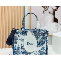 Grade Design Dior Men's Medium Book Tote Bag in Blue Toile de Jouy Floral Garden Embroidery and White Dior Médaillon 408