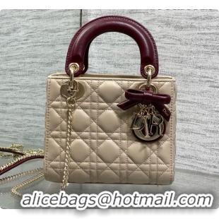 Fashion Dior Mini Lady Dior Bag in Cannage Lambskin with Bow D090250 Beige/Burgundy 2026