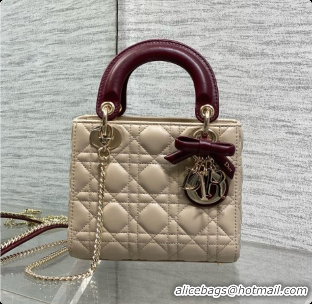 Fashion Dior Mini Lady Dior Bag in Cannage Lambskin with Bow D090250 Beige/Burgundy 2026