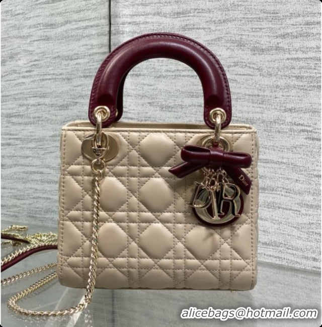 Fashion Dior Mini Lady Dior Bag in Cannage Lambskin with Bow D090250 Beige/Burgundy 2026