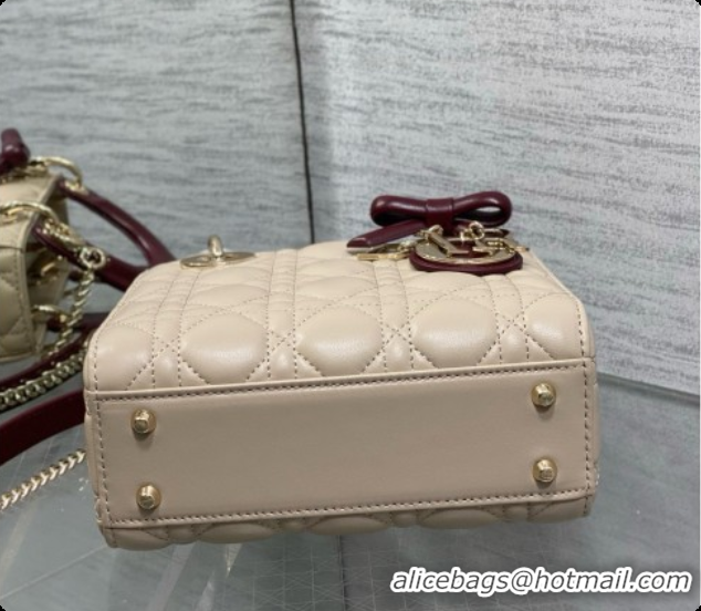 Fashion Dior Mini Lady Dior Bag in Cannage Lambskin with Bow D090250 Beige/Burgundy 2026