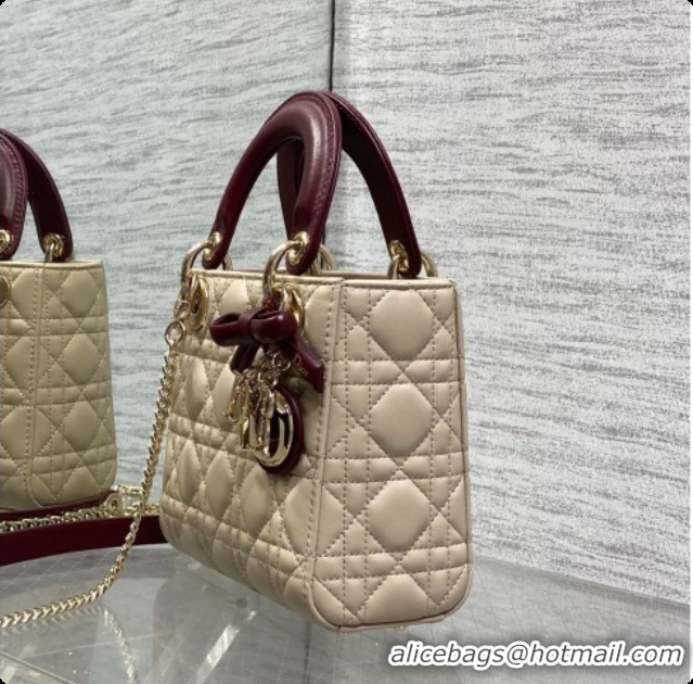 Fashion Dior Mini Lady Dior Bag in Cannage Lambskin with Bow D090250 Beige/Burgundy 2026