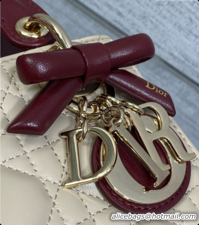 Fashion Dior Mini Lady Dior Bag in Cannage Lambskin with Bow D090250 Beige/Burgundy 2026