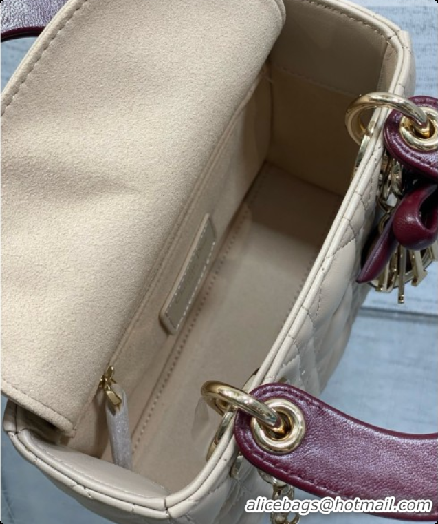 Fashion Dior Mini Lady Dior Bag in Cannage Lambskin with Bow D090250 Beige/Burgundy 2026