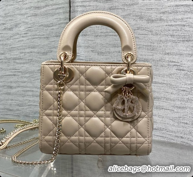 Cute Dior Mini Lady Dior Bag in Cannage Lambskin with Bow D090253 Beige 2026