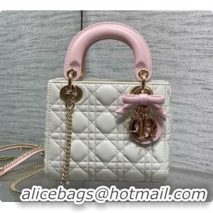 Top Quality Dior Mini Lady Dior Bag in Cannage Lambskin with Bow D090255 White/Pink 2026