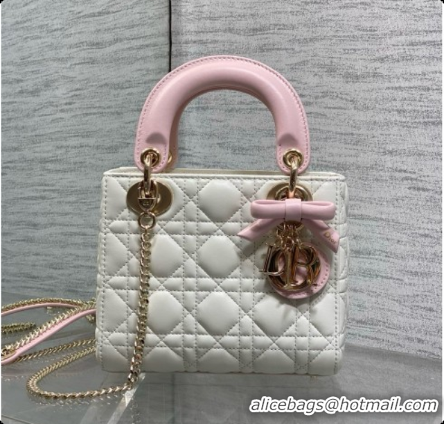 Top Quality Dior Mini Lady Dior Bag in Cannage Lambskin with Bow D090255 White/Pink 2026