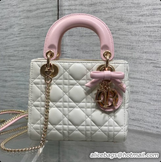Top Quality Dior Mini Lady Dior Bag in Cannage Lambskin with Bow D090255 White/Pink 2026