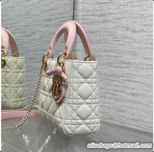 Top Quality Dior Mini Lady Dior Bag in Cannage Lambskin with Bow D090255 White/Pink 2026