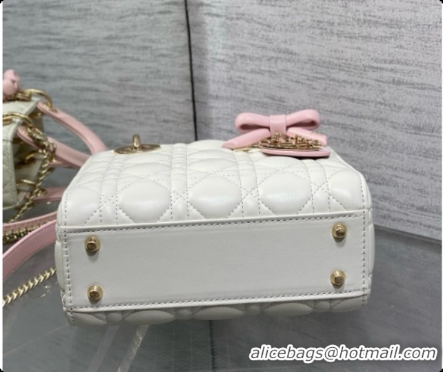 Top Quality Dior Mini Lady Dior Bag in Cannage Lambskin with Bow D090255 White/Pink 2026