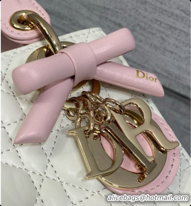 Top Quality Dior Mini Lady Dior Bag in Cannage Lambskin with Bow D090255 White/Pink 2026