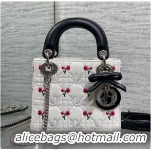 Buy Cheap Dior Mini Lady Dior Bag in Cannage Lambskin with Doves & Roses Motif Embroidery D090305 White/Black 2026