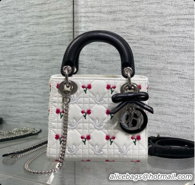Buy Cheap Dior Mini Lady Dior Bag in Cannage Lambskin with Doves & Roses Motif Embroidery D090305 White/Black 2026