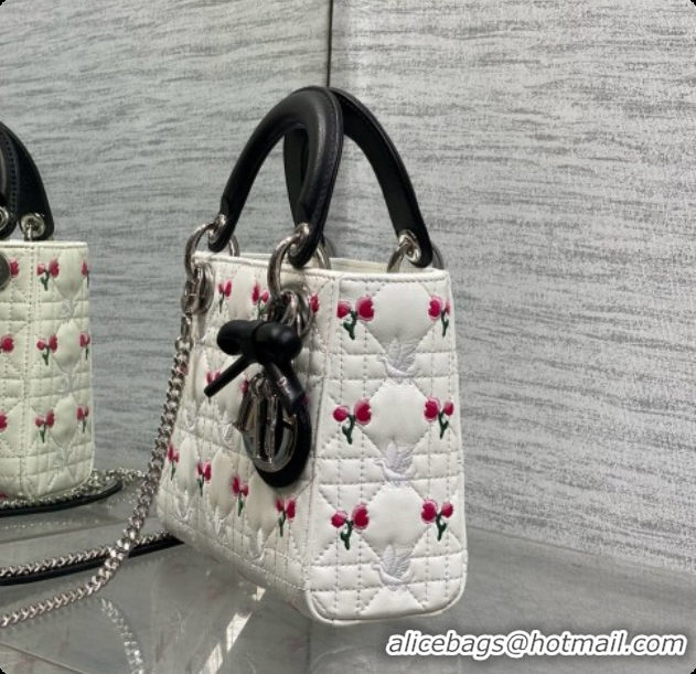 Buy Cheap Dior Mini Lady Dior Bag in Cannage Lambskin with Doves & Roses Motif Embroidery D090305 White/Black 2026