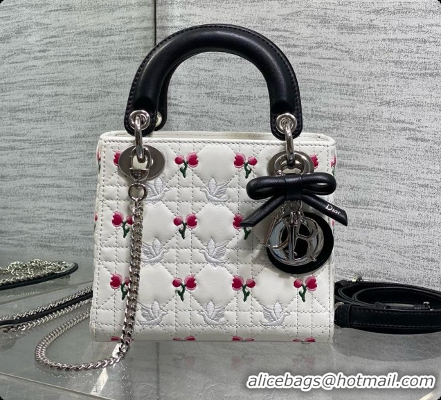 Buy Cheap Dior Mini Lady Dior Bag in Cannage Lambskin with Doves & Roses Motif Embroidery D090305 White/Black 2026