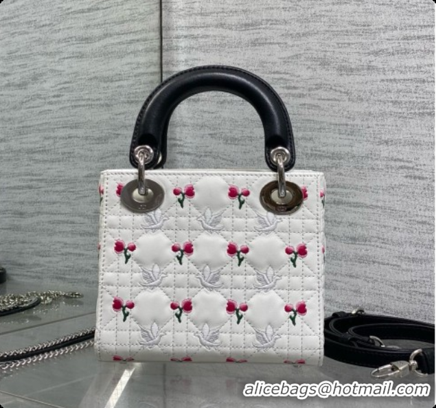 Buy Cheap Dior Mini Lady Dior Bag in Cannage Lambskin with Doves & Roses Motif Embroidery D090305 White/Black 2026