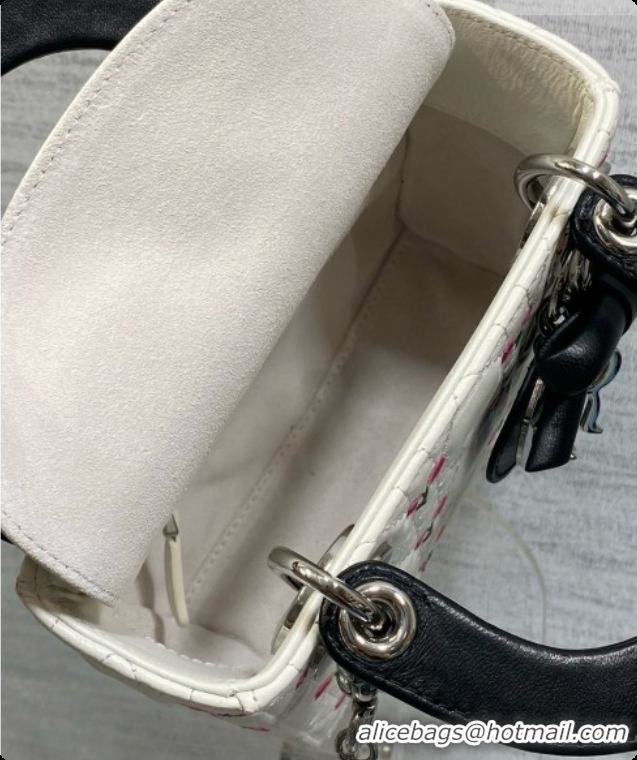 Buy Cheap Dior Mini Lady Dior Bag in Cannage Lambskin with Doves & Roses Motif Embroidery D090305 White/Black 2026
