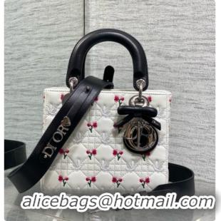 Classic Practical Dior Small Lady Dior Bag in Cannage Lambskin with Doves & Roses Motif Embroidery D090306 White/Black 2