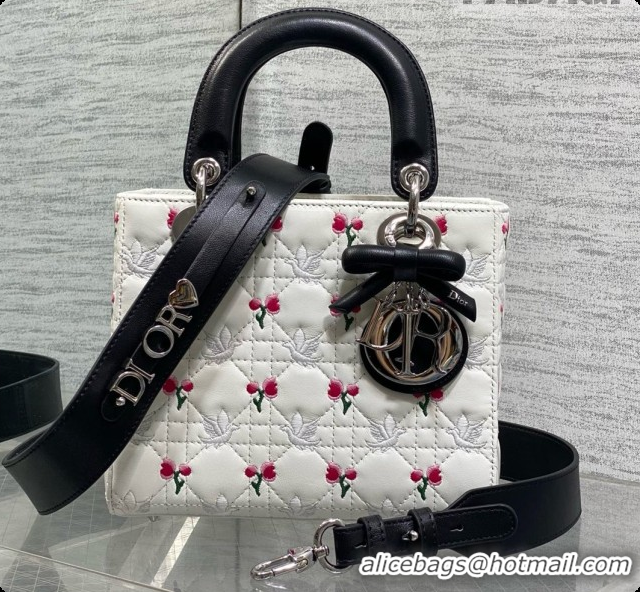 Classic Practical Dior Small Lady Dior Bag in Cannage Lambskin with Doves & Roses Motif Embroidery D090306 White/Black 2