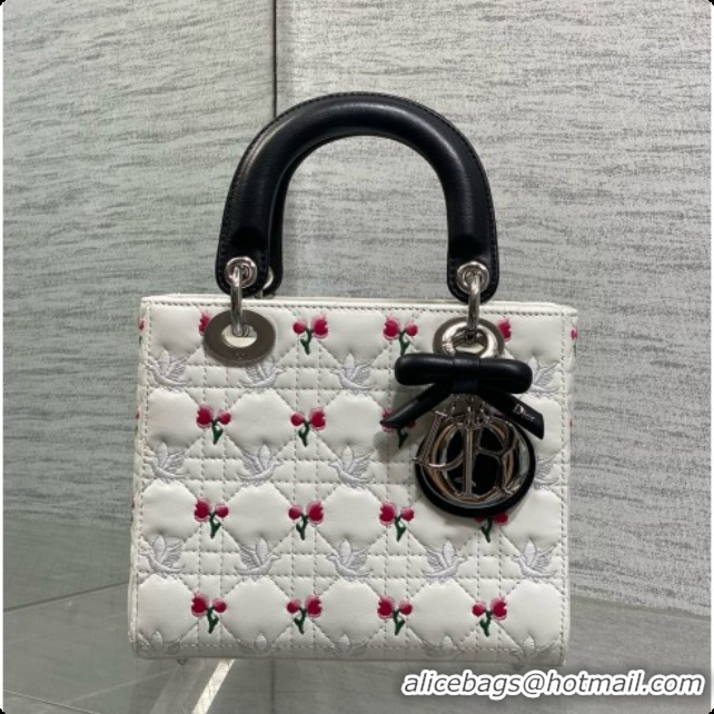 Classic Practical Dior Small Lady Dior Bag in Cannage Lambskin with Doves & Roses Motif Embroidery D090306 White/Black 2